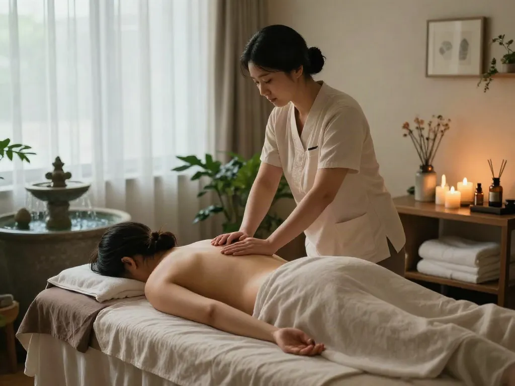 Tranquil 강동구출장마사지 session showcasing a professional therapist and serene wellness environment.