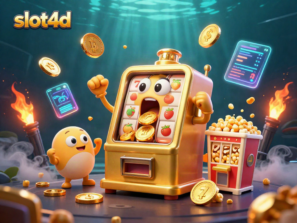 Engage with slot4d's fun as cartoon golden slot machines celebrate a jackpot amidst crypto excitement.