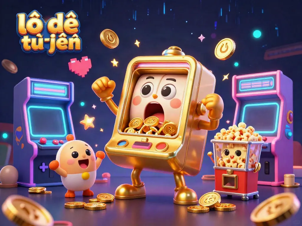 Witness the excitement of lô đề trực tuyến with a golden slot machine celebrating a jackpot in a vibrant casino atmosphere.