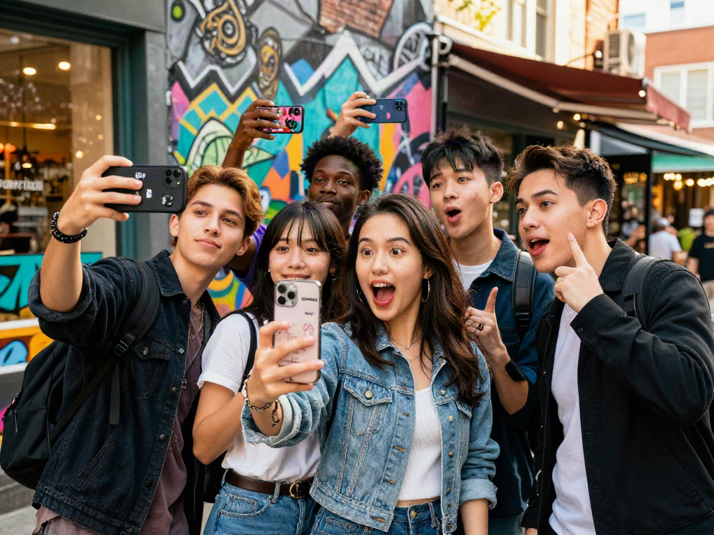 Group of friends joyfully comparing selfies to celebrity look alike app results in an urban setting.