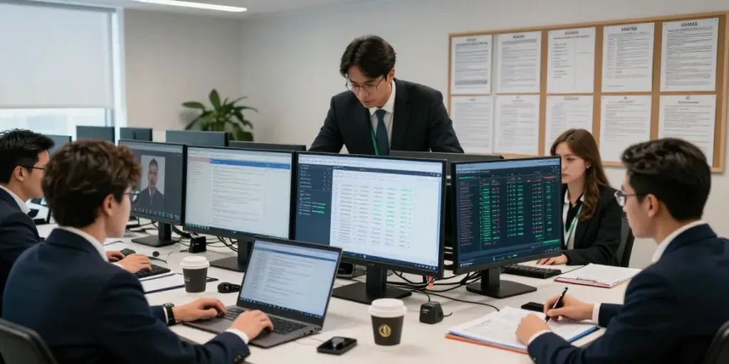 Investigating crypto fraud with team collaboration in a modern office setting.