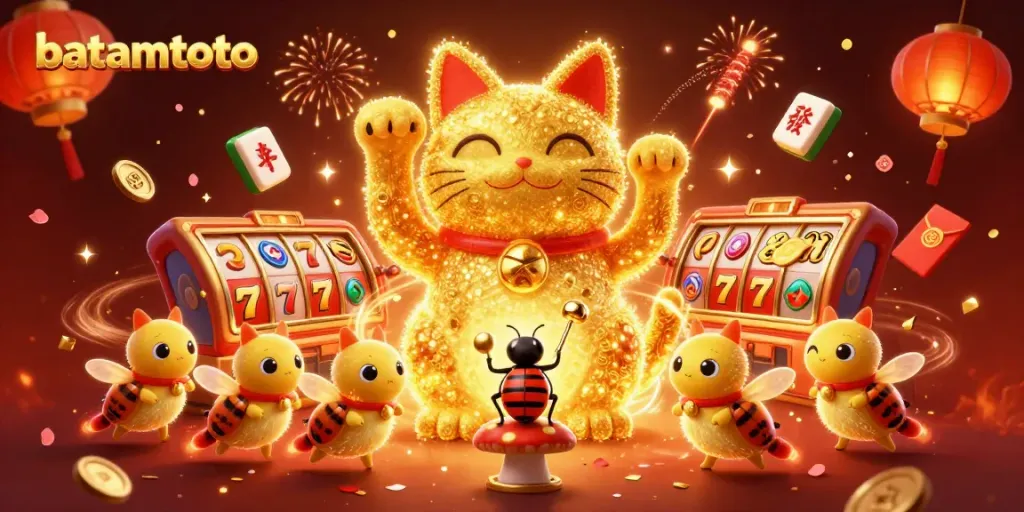 Experience the excitement of batamtoto with a stunning illustration of a lucky cat surrounded by vibrant casino elements.