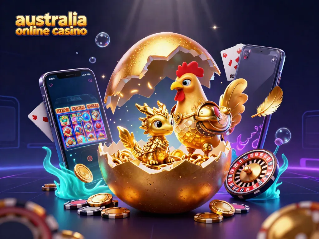 A lively scene of a baby dragon emerging from a golden egg amidst poker chips, showcasing australia online casino excitement.