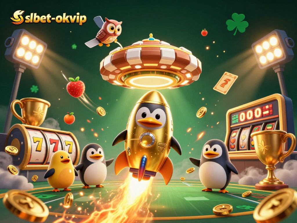 Experience thrilling slots at shbet-okvip with golden penguin and casino elements flying dynamically.
