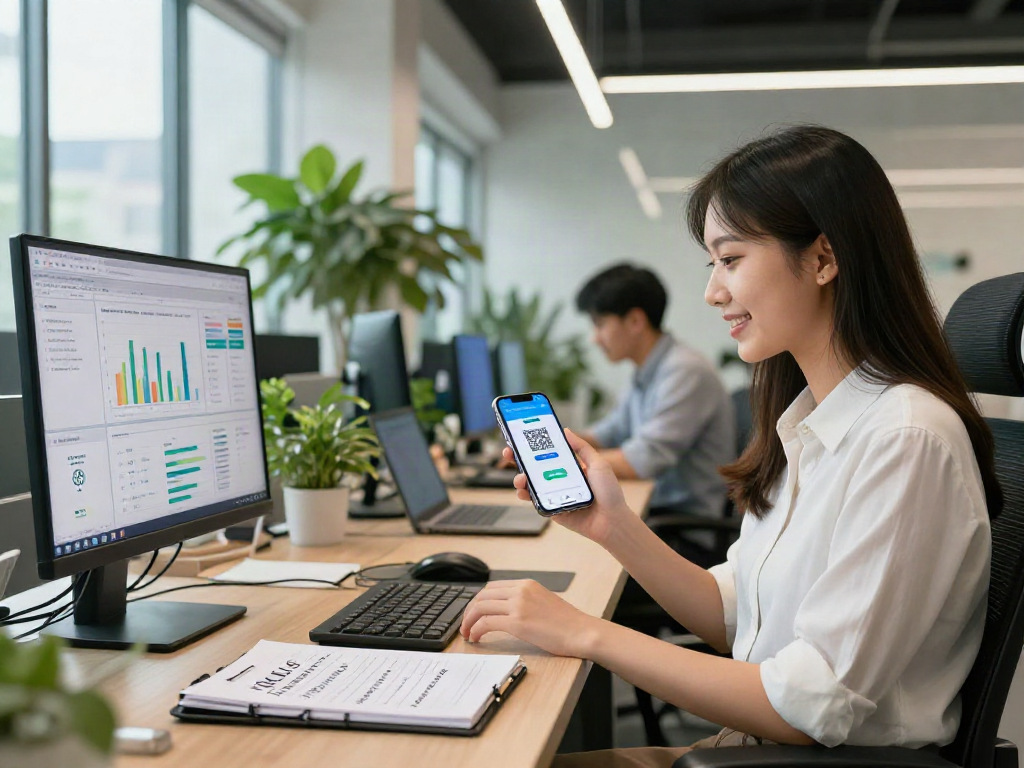 Engaging business scene showcasing slot deposit qris 5k on a smartphone in a modern financial office.