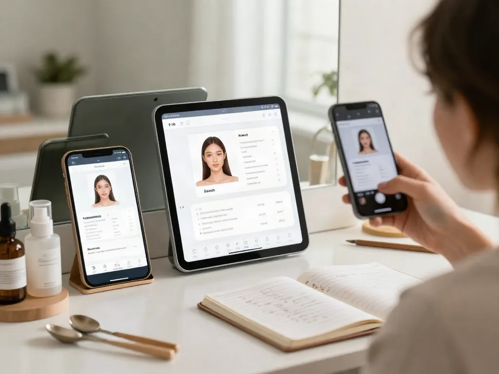 Alternatives to QOVES showcased through a beauty analysis scene with AI app interface and skincare products.