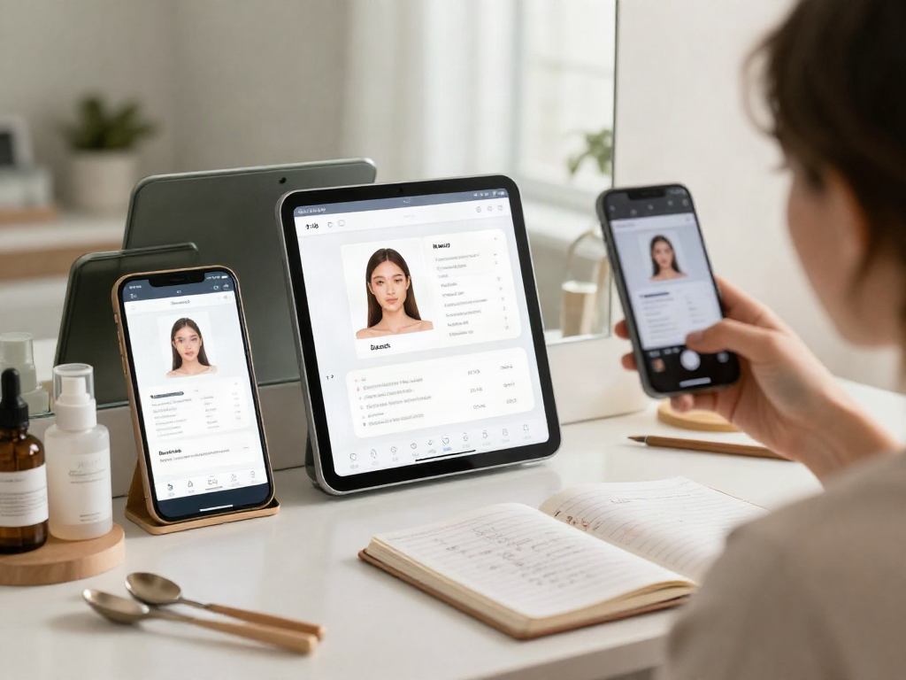 Alternatives to QOVES showcased through a beauty analysis scene with AI app interface and skincare products.