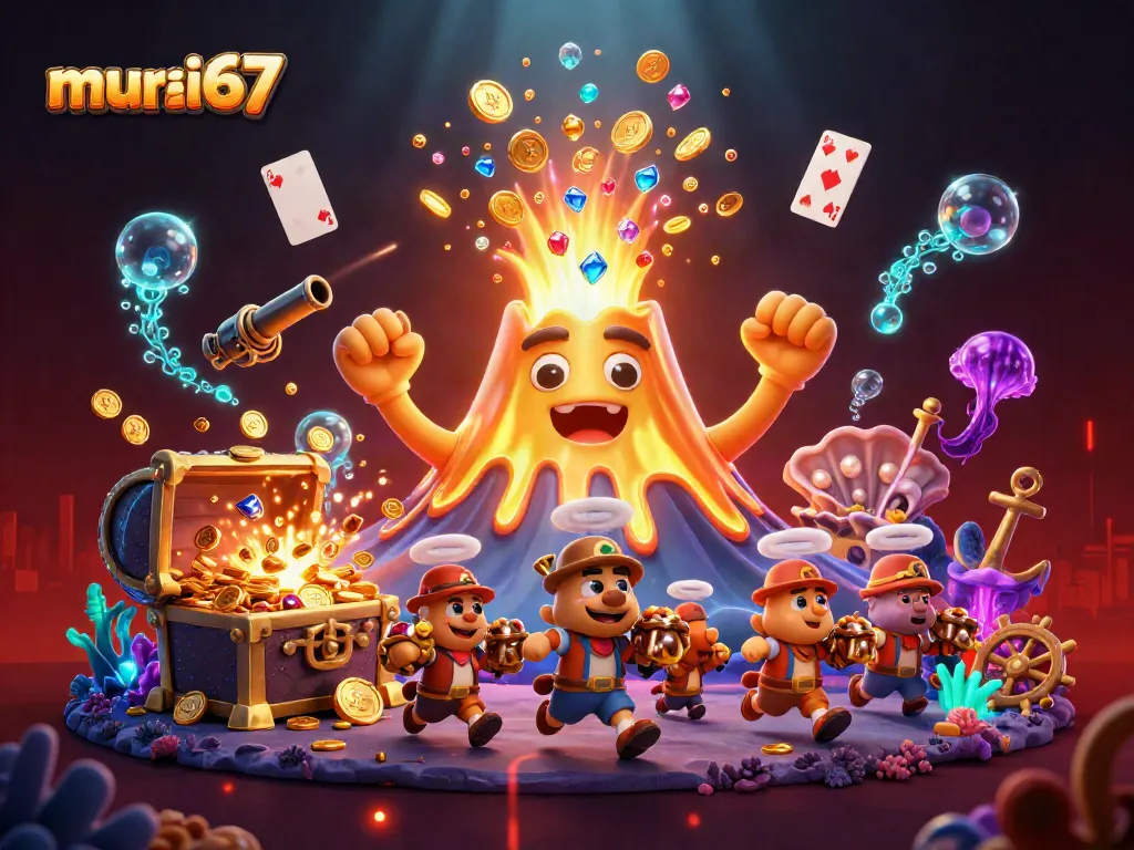 Murai67 activates thrilling treasure hunting with its golden volcano erupting riches in this vibrant casino scene
