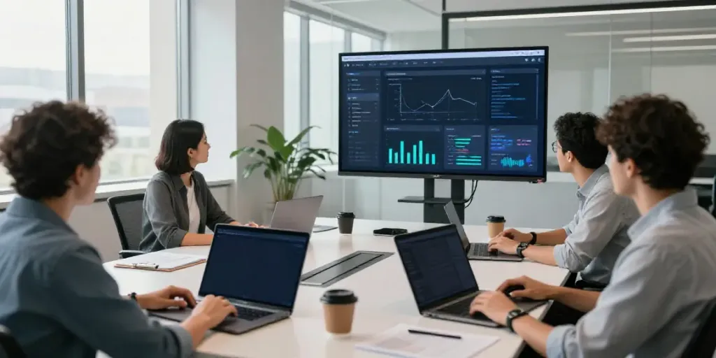 AI content creation platform in a modern office workspace with professionals collaborating.