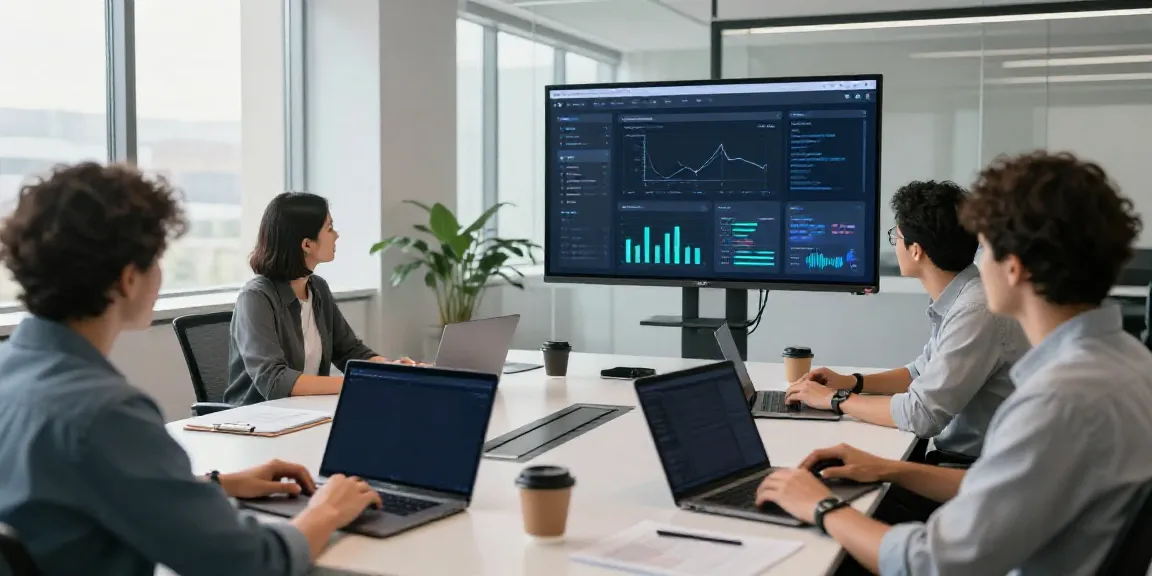 AI content creation platform in a modern office workspace with professionals collaborating.