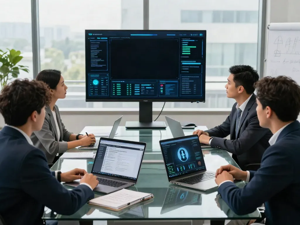 Deepfake protected meetings in a modern boardroom setting with professionals discussing security technologies
