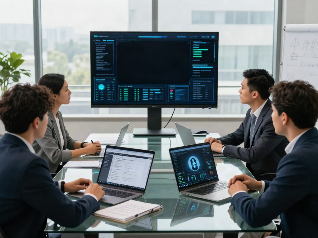 Deepfake protected meetings in a modern boardroom setting with professionals discussing security technologies