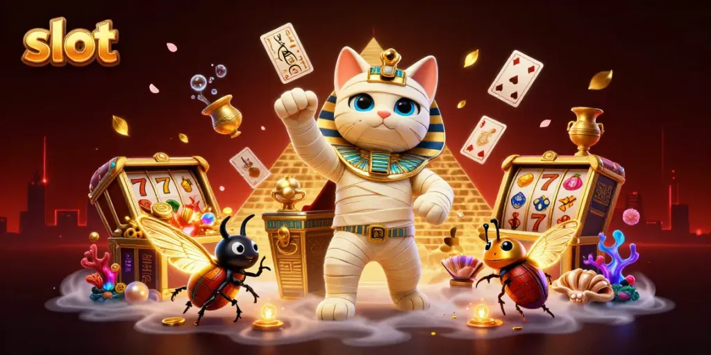Enjoy thrilling slot adventures with a vibrant scene of a mummy cat and treasures.