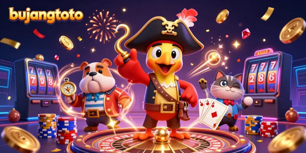 Experience bujangtoto's vibrant casino atmosphere with lively characters and dazzling game elements.