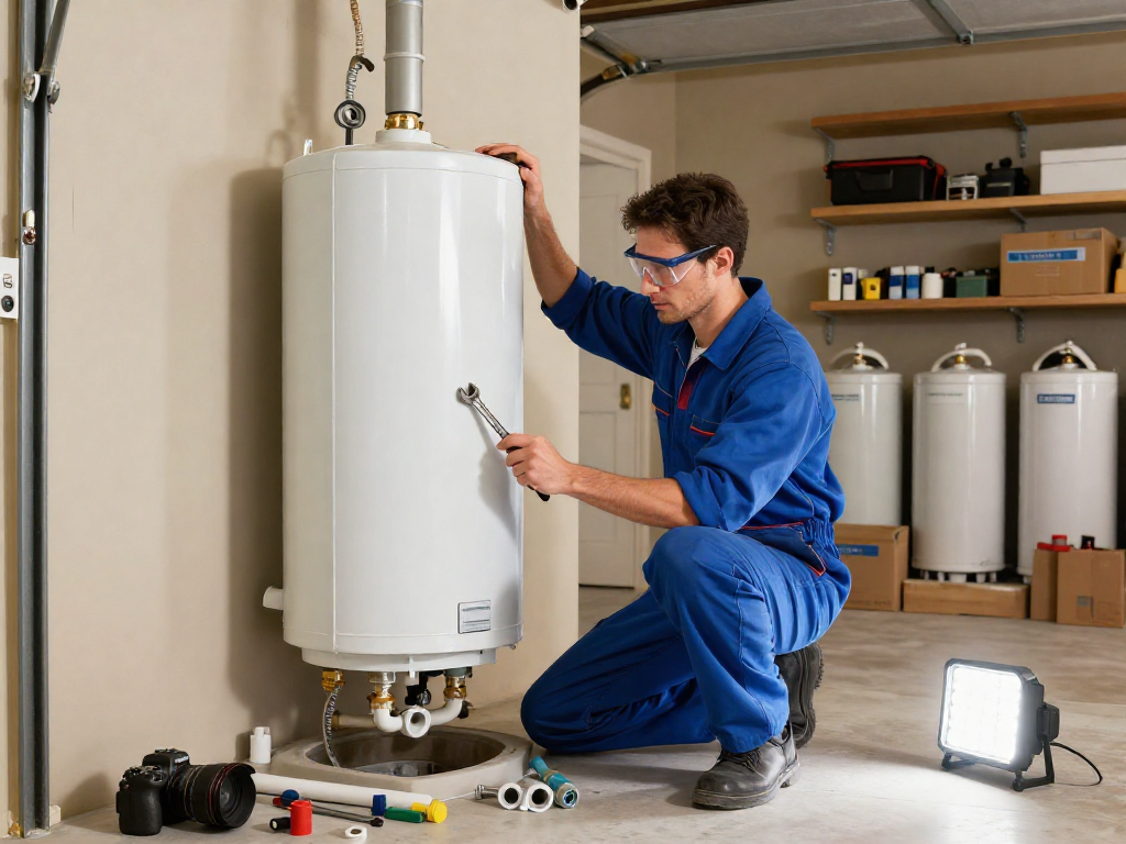 Water heater replacement Fort Worth by a professional plumber in a residential garage, showcasing tools and the installation process.