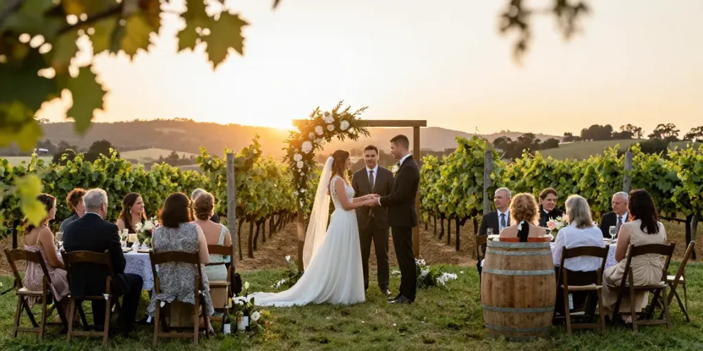 Pokolbin wedding photography capturing a couple exchanging vows in scenic vineyards, surrounded by loved ones and natural light.