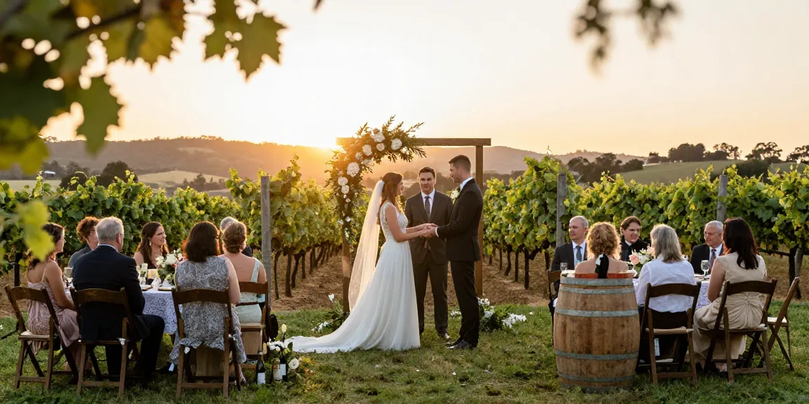 Pokolbin wedding photography capturing a couple exchanging vows in scenic vineyards, surrounded by loved ones and natural light.