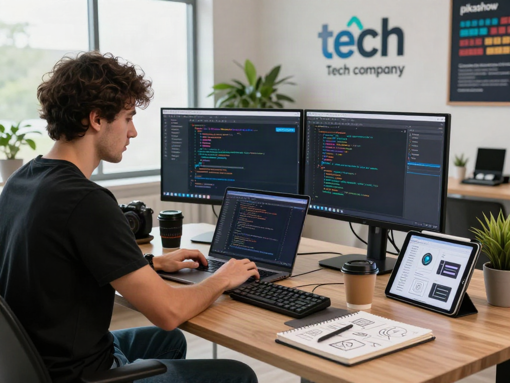 Developer coding the pikashow apk on dual monitors in a modern workspace, showcasing a vibrant tech environment.