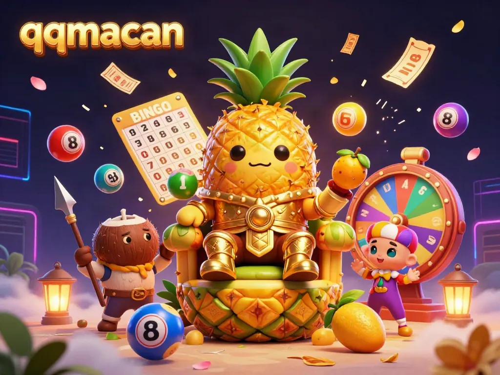 Engage with exhilarating games at qqmacan, featuring a vibrant beach casino scene with unique characters.