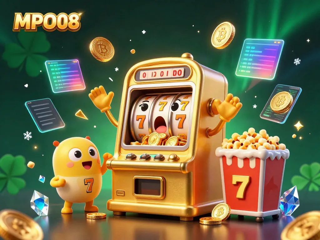 MPO08 slot machine hits jackpot with gold coins pouring out, celebrating success in a casino scene.