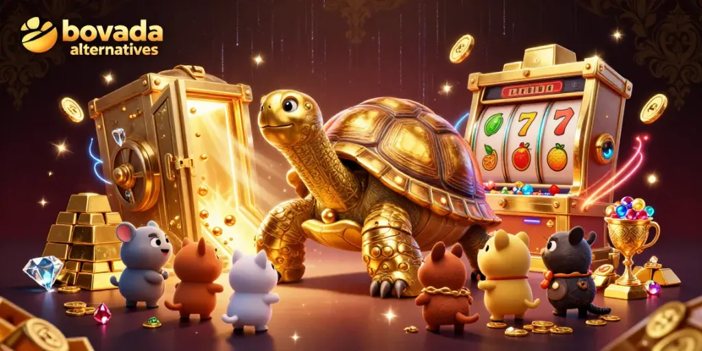 Experience Bovada alternatives with a vibrant 3D casino scene featuring slots and treasures.