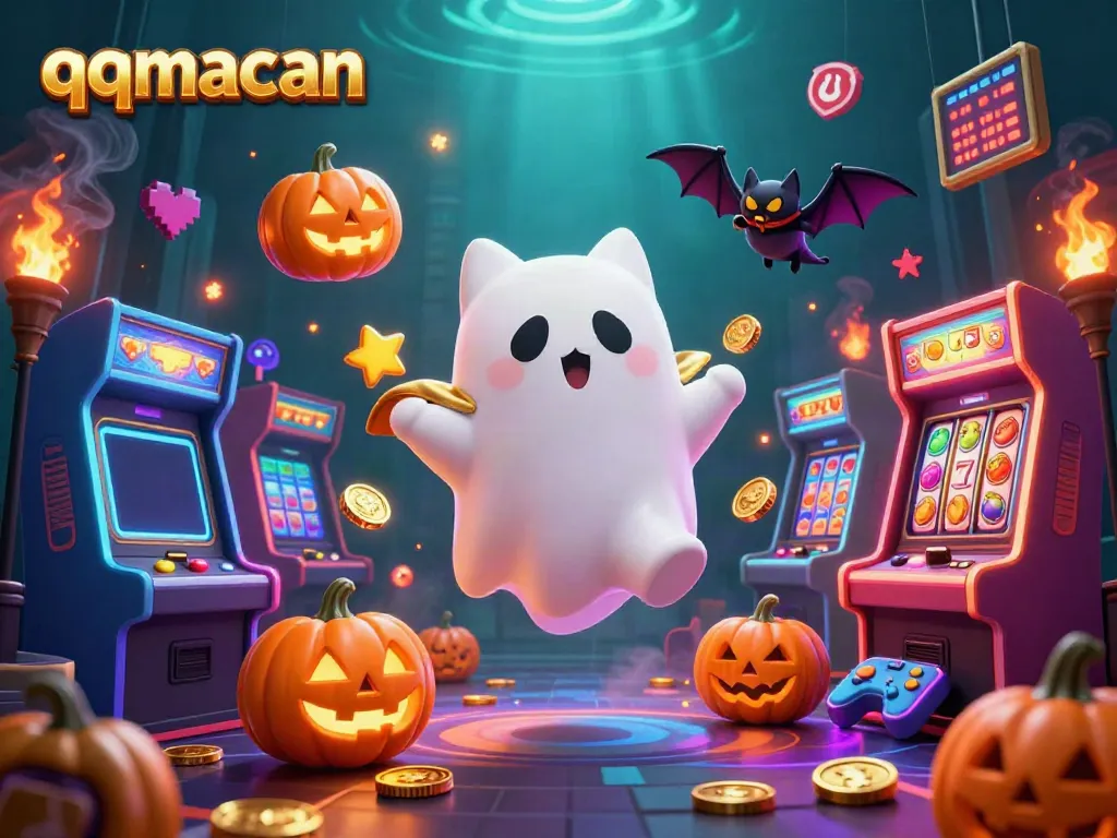 Play slots and win with qqmacan featuring a ghost cat, vampire bat, and poker jack-o-lanterns.