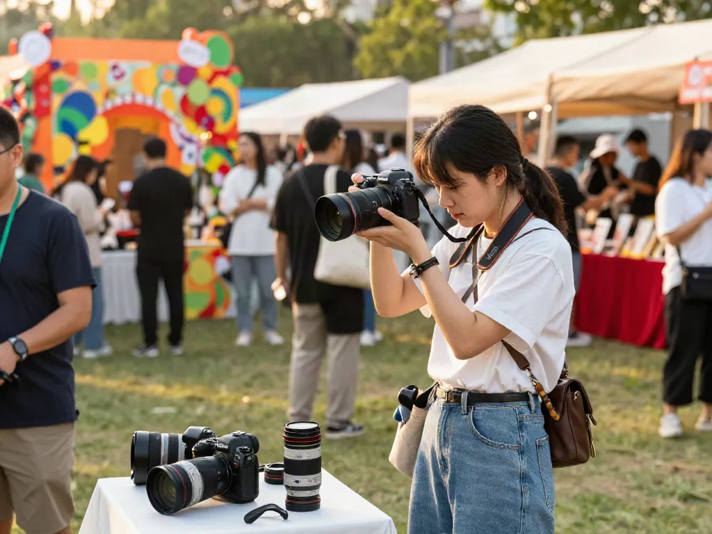 Pengambilan gambar kreatif dengan rusuntoto, fotografer wanita sedang menangkap momen dinamis di acara lokal.