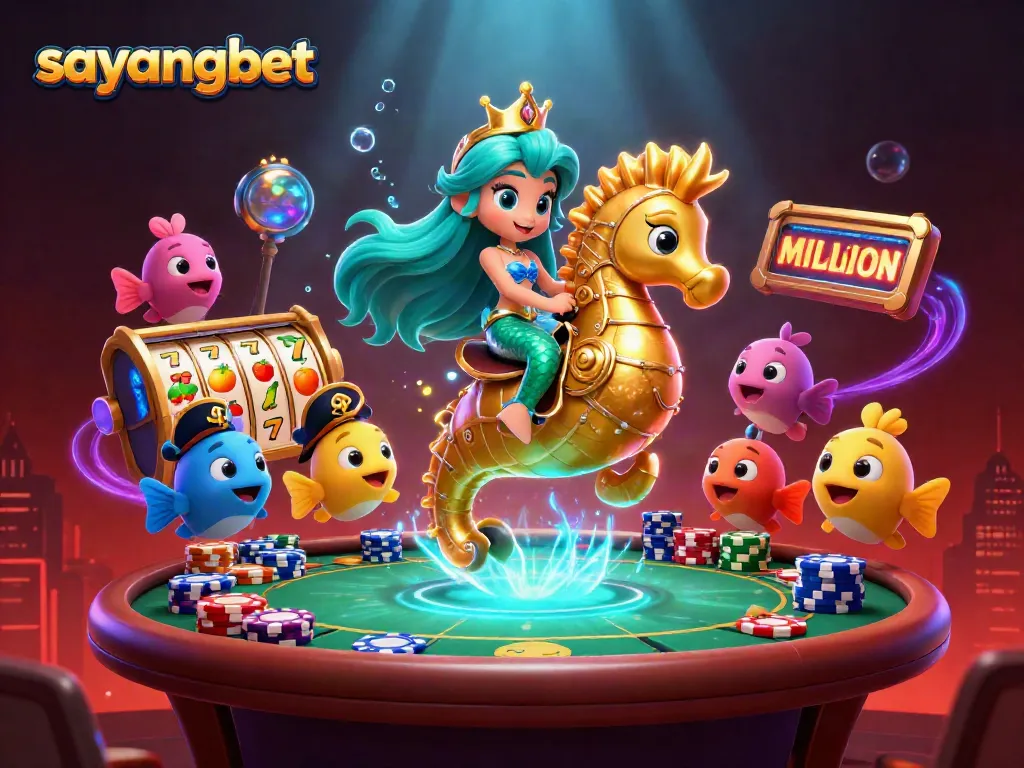 Immerse in epic gaming action with sayangbet, featuring a vibrant mermaid on a seahorse surrounded by slot reels.