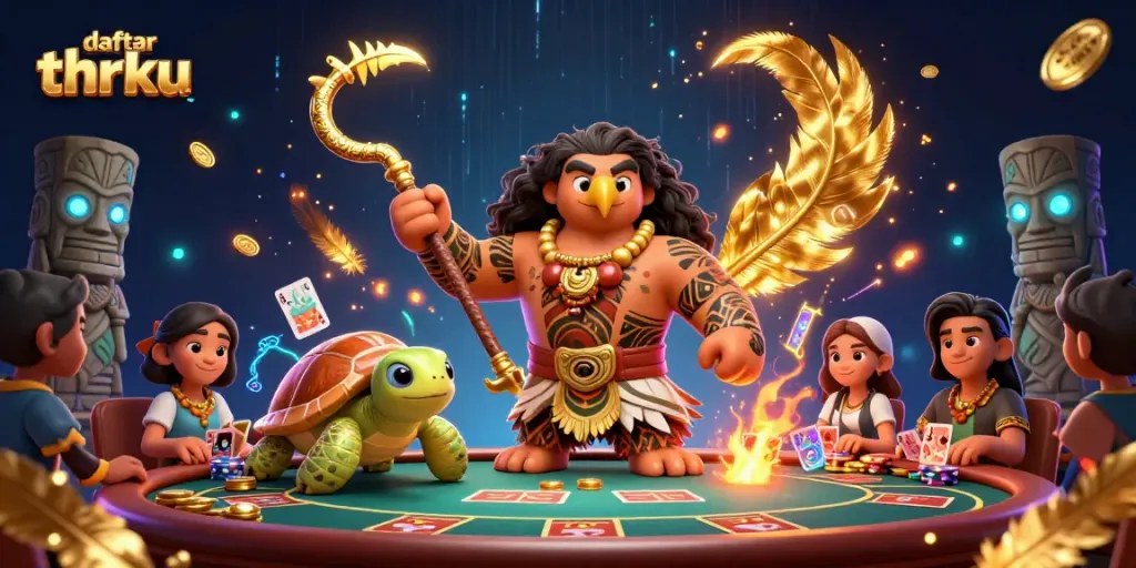 Engage in thrilling games on daftar thrku with illustrated casino elements and vibrant characters.