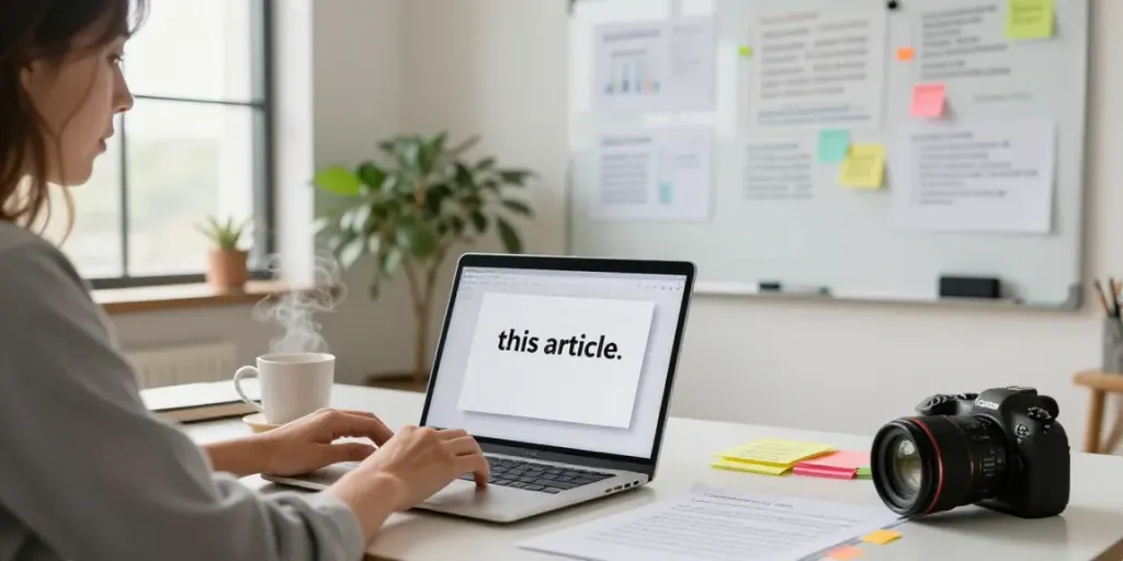 This article being crafted in a vibrant blogging workspace with notes and coffee.