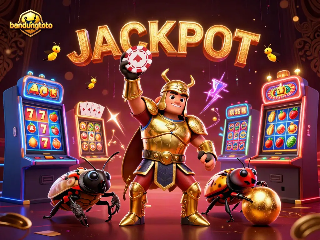 Bandungtoto casino gaming scene with a hercules beetle celebrating a jackpot amidst vibrant slot machines.