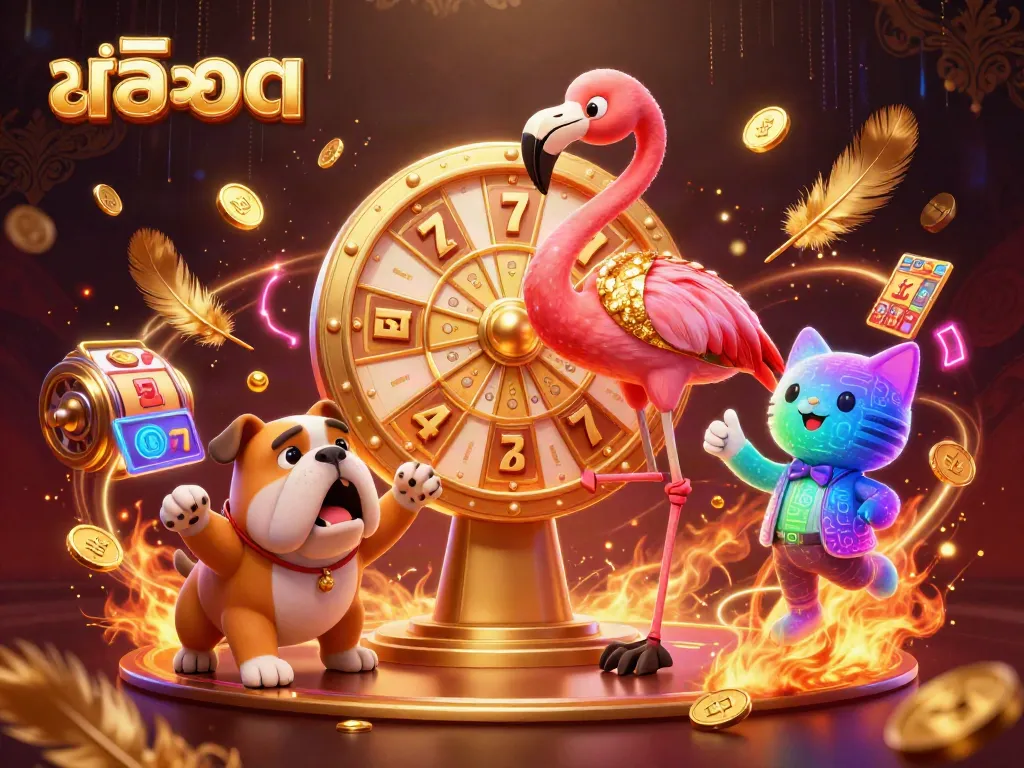 Play exciting สล็อต experiences with a game show host, contestant, and scoreboard cat in a vibrant casino environment.