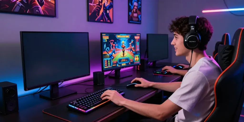Aspiring gamer engaging with qqmacan login on multiple illuminated screens in a vibrant atmosphere.