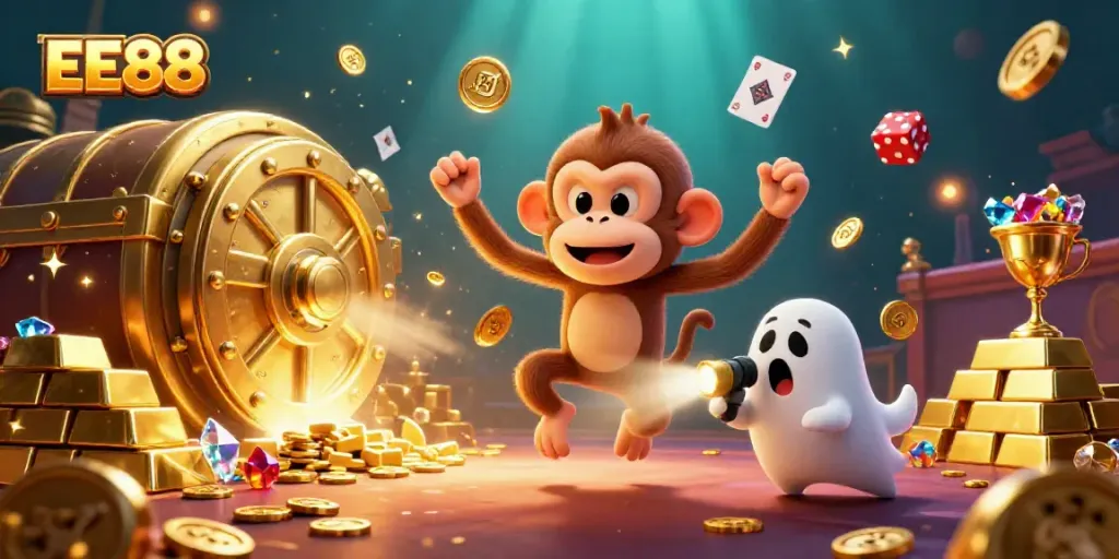 EE88 showcases a playful poltergeist monkey surrounded by gold at a lively casino scene, capturing excitement in gaming.