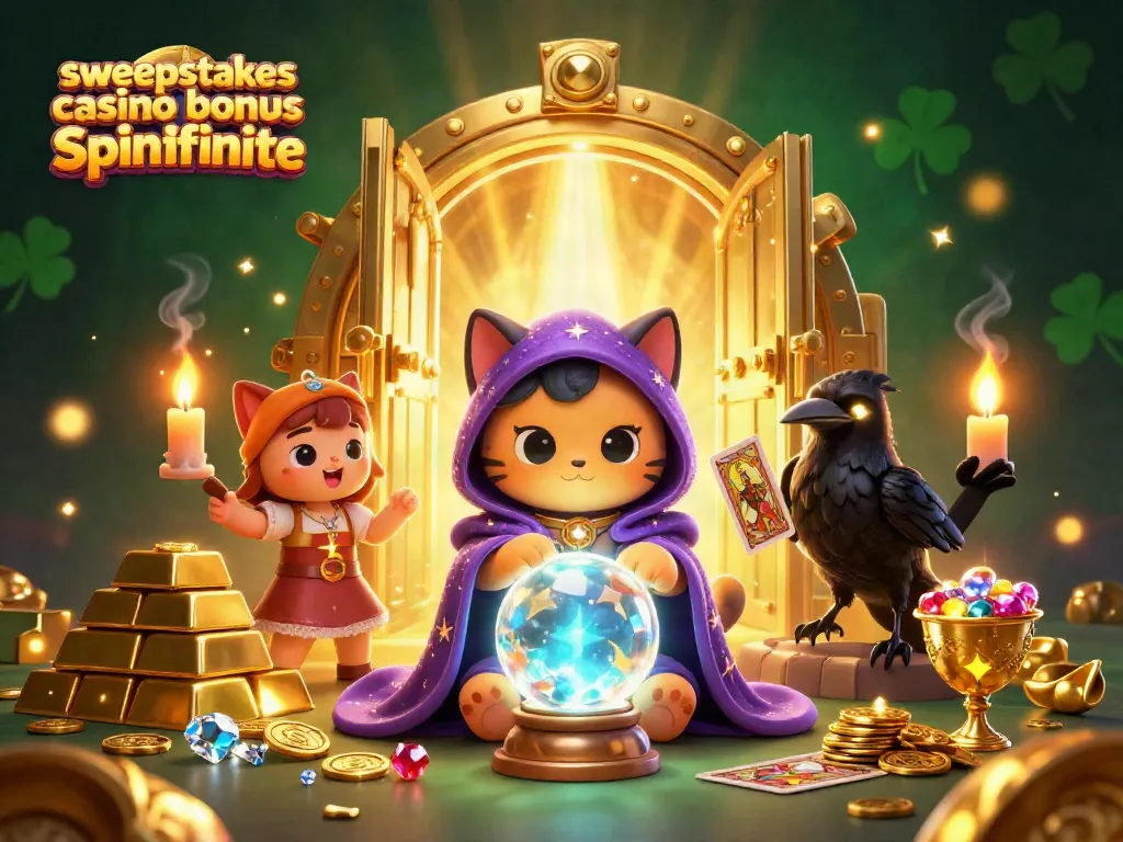 Engage with the sweepstakes casino bonus spinfinite in a vibrant, magical 3D casino illustration showcasing dynamic characters and treasures.