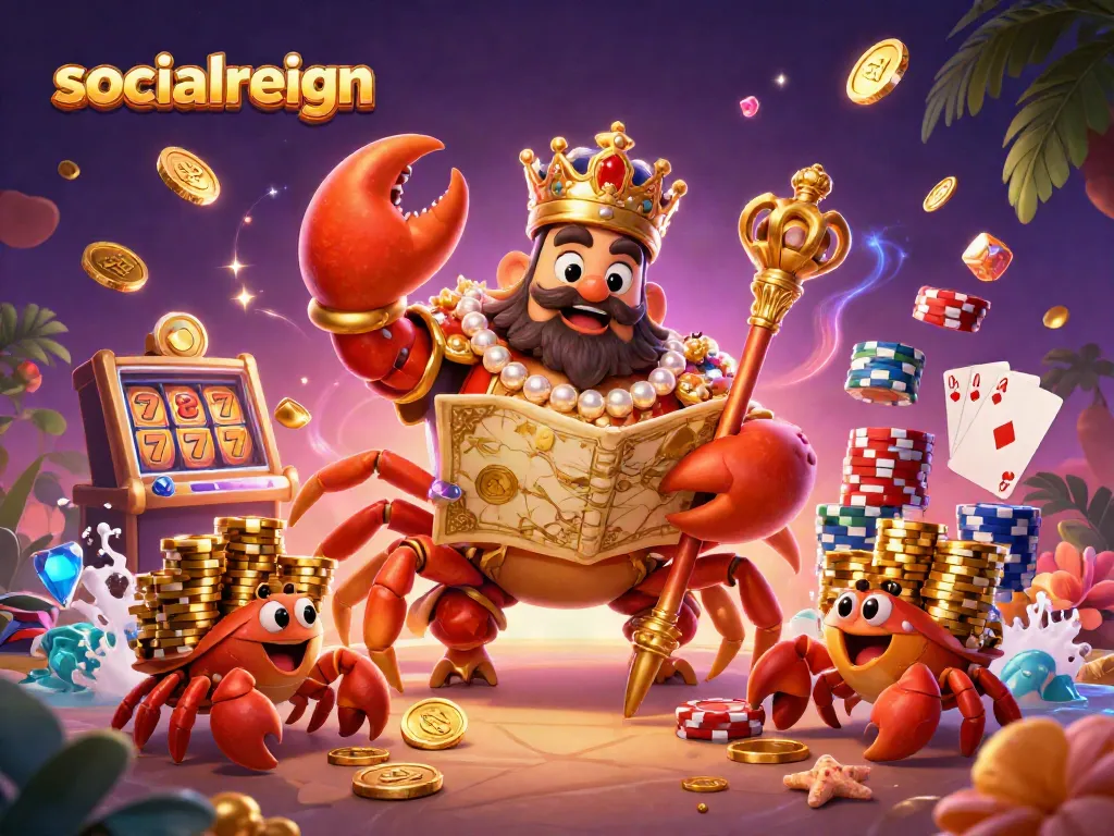 Engage with the ultimate casino experience featuring socialreign's captivating crab emperor surrounded by dazzling winnings.
