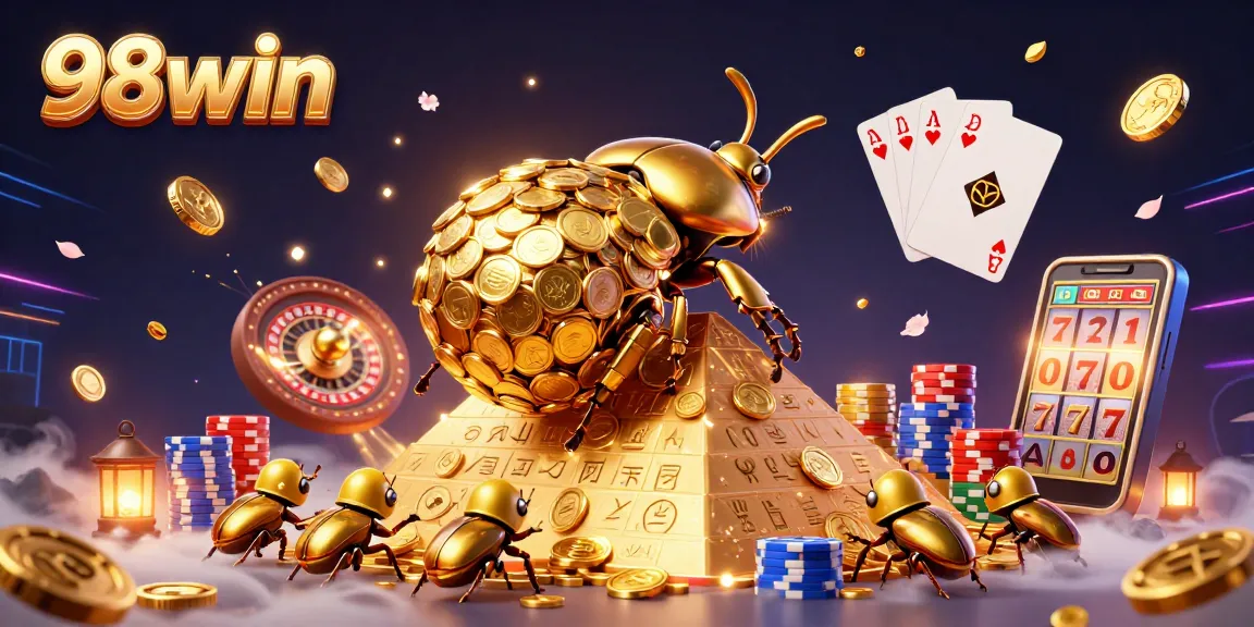 Experience the excitement of 98win with golden beetles rolling coins and casino games in a vibrant 3D scene.