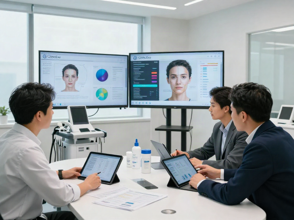 ClinicEvo vs QOVES comparison in a modern clinic, analysts discussing facial analysis data.