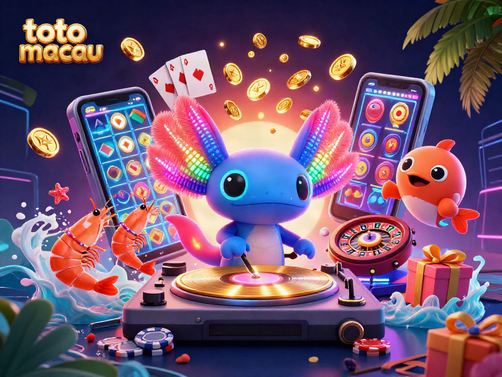 Menangkan permainan dengan toto macau dalam ilustrasi kasino 3D yang cerah dan dinamis.