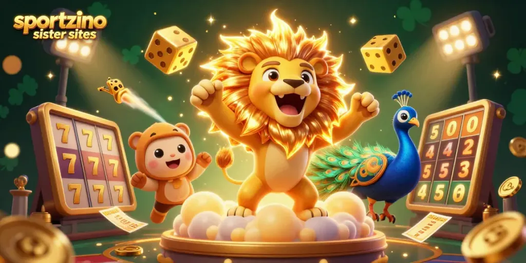 Experience game mastery at Sportzino sister sites, featuring energetic characters and dynamic casino elements.