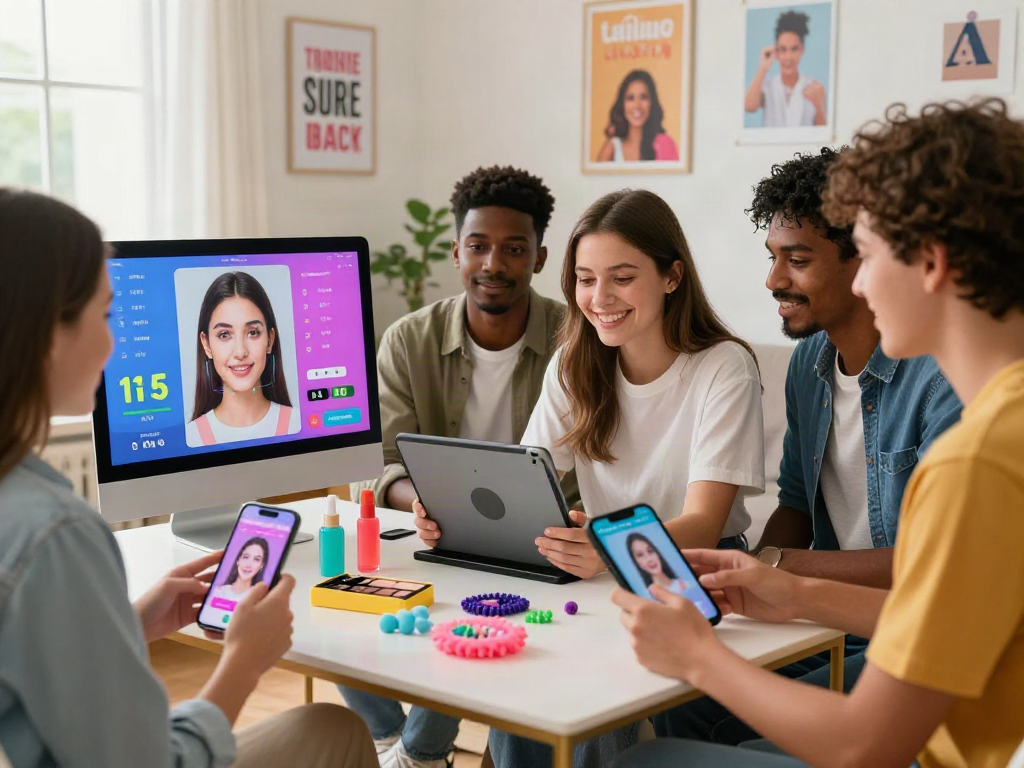 Group testing their attractiveness using an engaging online app focused on facial metrics.