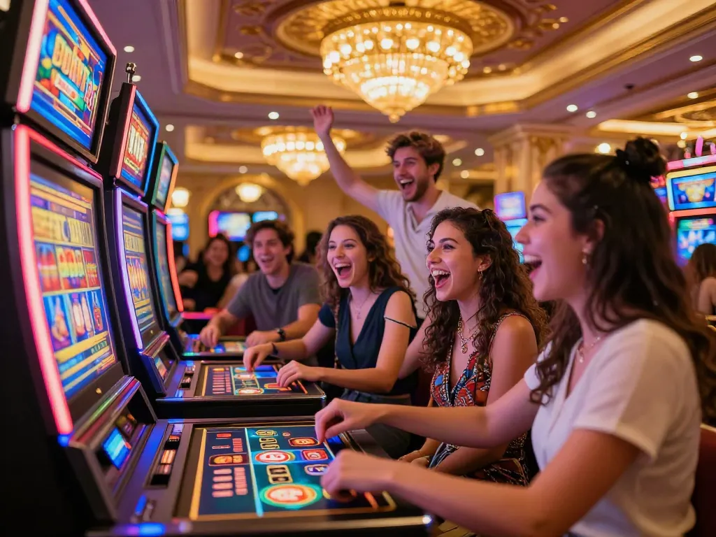 Excited friends enjoying สล็อต at a lively casino slot machine, bright lights and festive atmosphere.