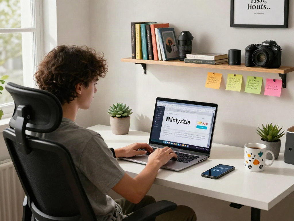 Downloading filmyzilla APK while enjoying a cozy home office setup with motivational decor.