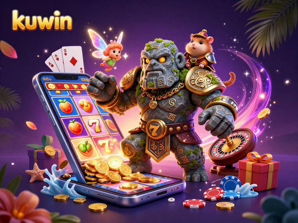 Kuwin slot adventure featuring ancient golem, fairy magic, and hamster knight amidst vibrant casino elements