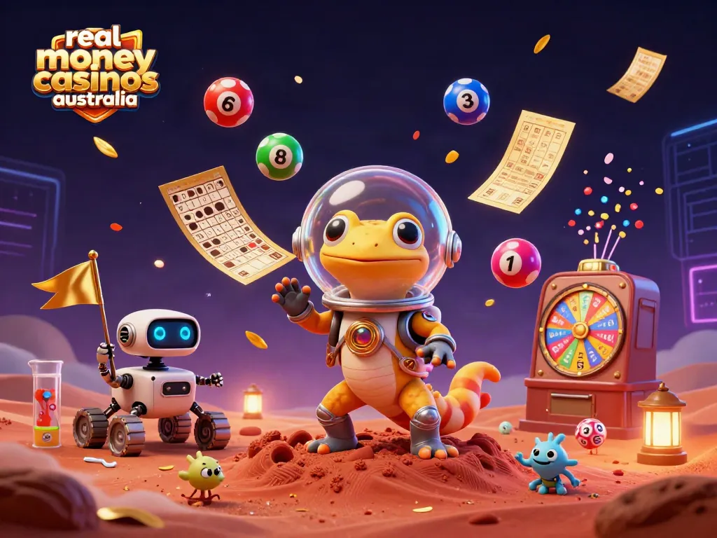 Experience the excitement of real money casinos Australia with vibrant characters and casino elements in this dynamic illustration.
