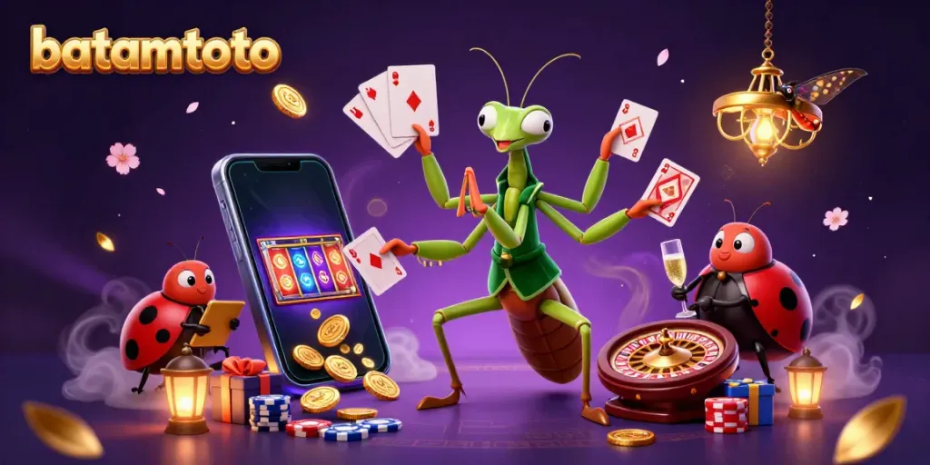 Experience the thrilling batamtoto game scene with a praying mantis card sharp and vibrant casino elements.