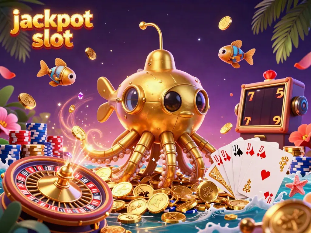 Experience the excitement of jackpot slot gaming with a vibrant golden kraken submarine and dynamic casino elements.