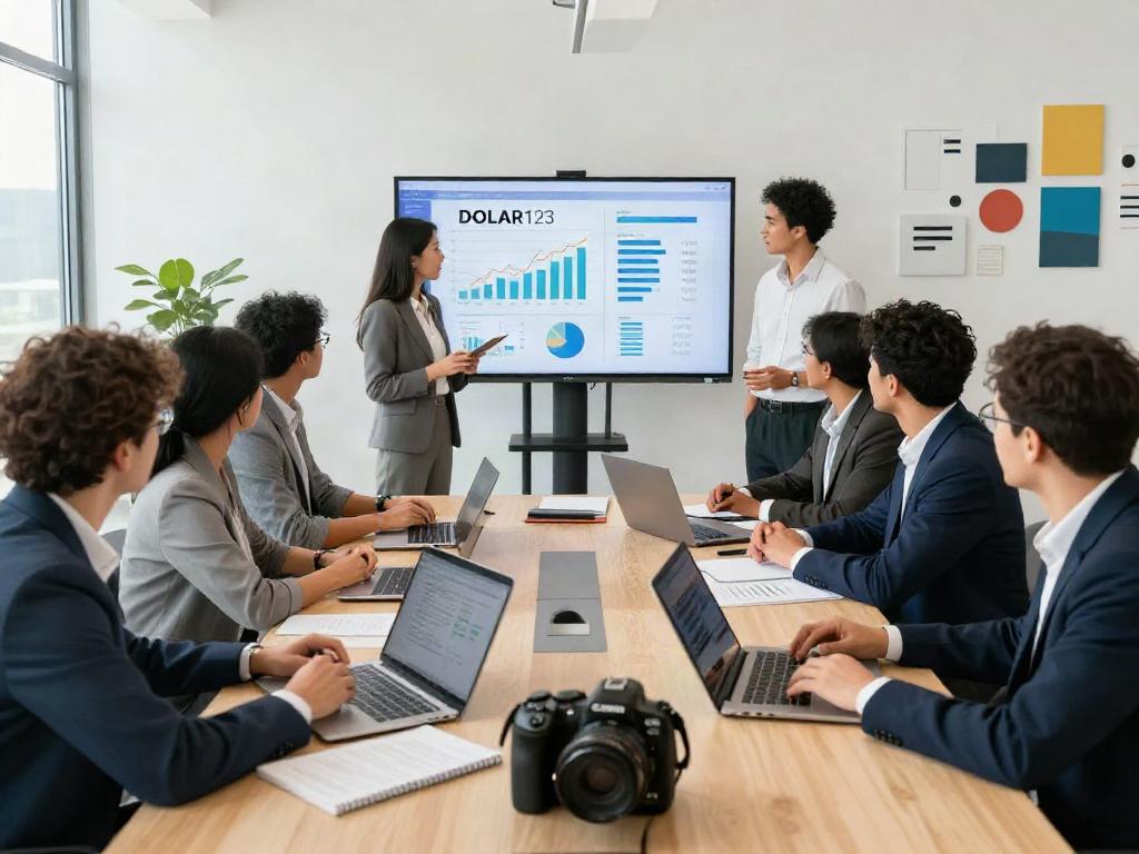 Rapat bisnis tim profesional di https://dolar123.site/ dengan analisis keuangan DOLAR123 dan suasana kolaboratif.