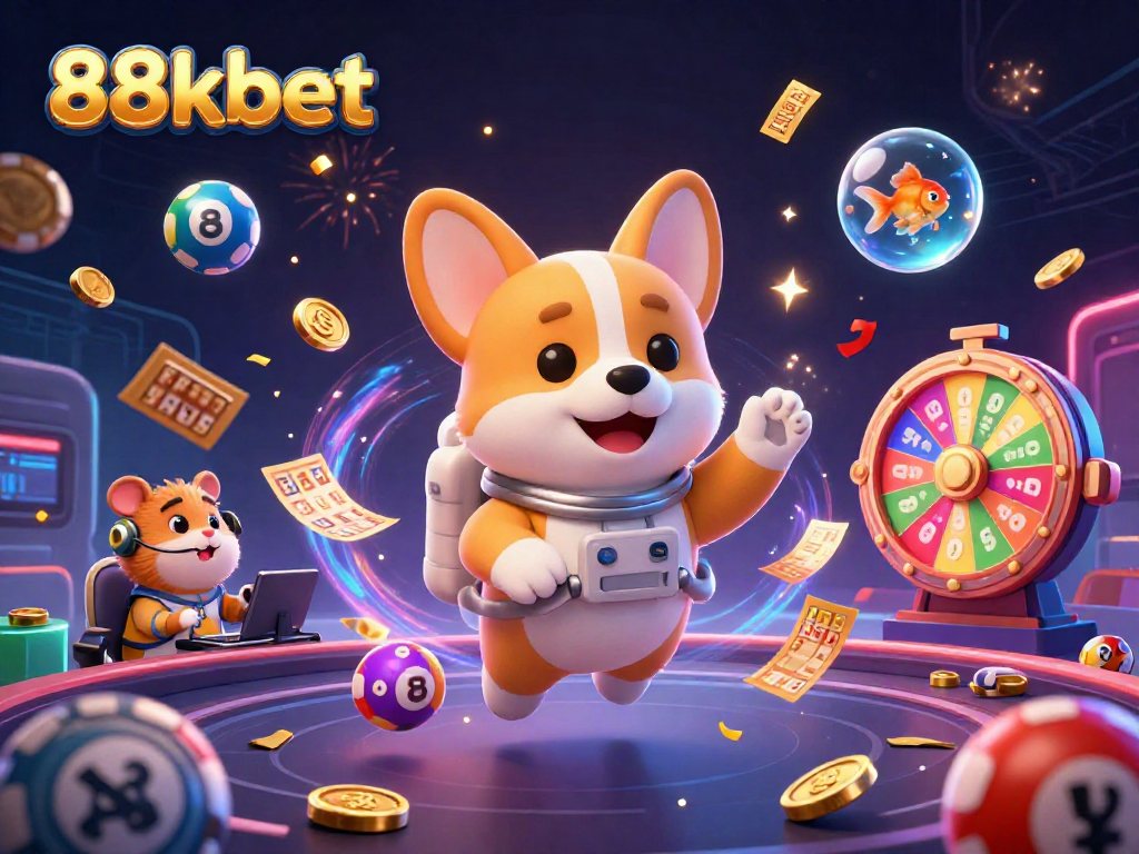 Engage with 88kbet gaming fun featuring a floating astronaut corgi and vibrant lottery elements.