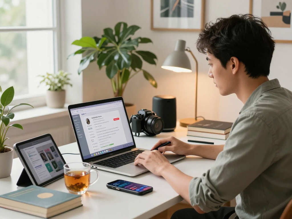 Dynamic home office scene featuring AI chat nsfw on laptop, showcasing a cozy creative workspace with a modern aesthetic.